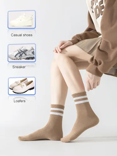 Vista 5 de YUWELL Calcetines crew a rayas para mujer, calcetines casuales de algodón cómodos para mujer, 4 pares, talla 5-10