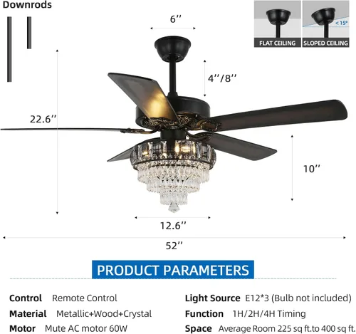Vista 3 de Ventiladores de techo de cristal modernos con luces y control remoto, Luz de ventilador de techo negro retro de estilo granja, Ventilador de techo