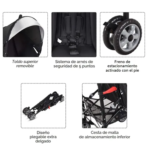 Vista 4 de HONEY JOY Cochecito ligero para bebé, cochecito de viaje compacto para avión, respaldo y toldo ajustables, arnés de 5 puntos, soporte para vasos