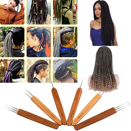 Vista 6 de 0.020 in 0.030 in 1/2/3 cabeza dreadlock ganchillo gancho mango de bambú trenza pelo rastas aguja tejer ganchillo pelo dreadlock trenza accesorios
