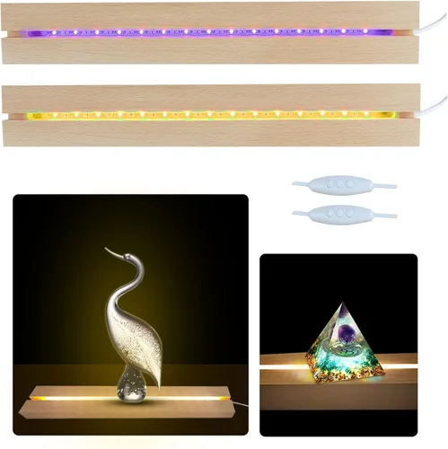 Vista 4 de 2 piezas de base de exhibición de luz LED de madera de 11.81 pulgadas, base de exhibición de luces LED de madera rectangular para acrílico
