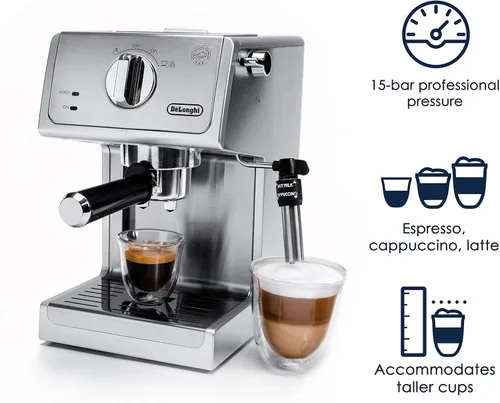 Vista 2 de De'Longhi Máquina de Espresso con Bomba de 15 Bar con Sistema Avanzado de Capuchino, Cafetera Compacta de Acero Inoxidable con Espumador de Leche
