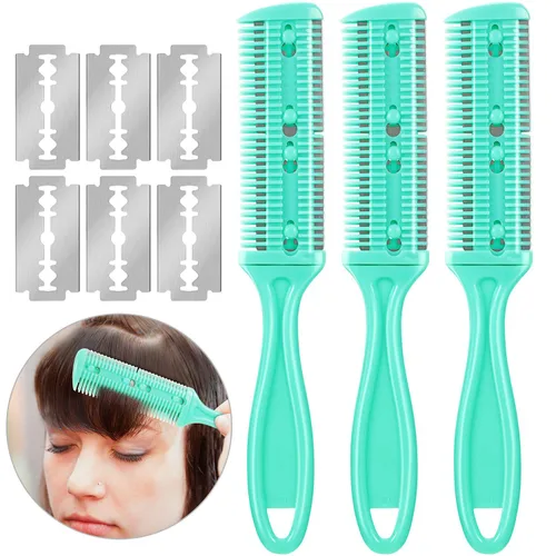 Vista 12 de Maitys Peine Navaja de Corte de Cabello de 3 Piezas Peine de Corte de Cabello con 12 Cuchillas de Repuesto Moldeador de Doble Filo para Salón
