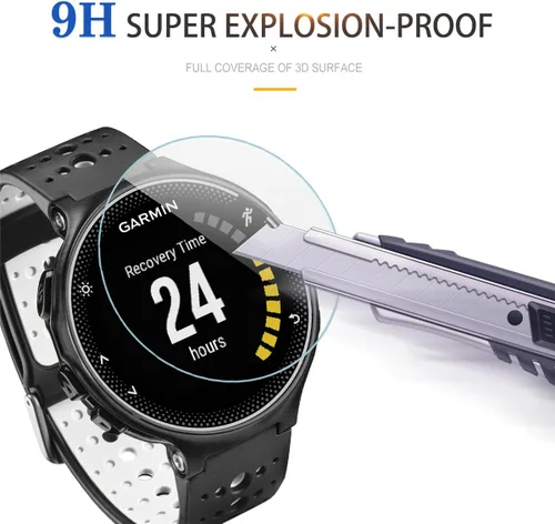 Vista 4 de Diruite Paquete de 4 protectores de pantalla de vidrio templado para Garmin Forerunner 220/225/230/235/620/630, dureza 2.5D 9H, película protectora