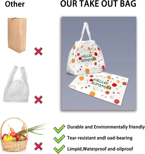 Vista 3 de 50 bolsas preciosas para llevar, reutilizables, impermeables, gruesas, de plástico, con cordón, bolsas de restaurante con asas, bolsa de regalo