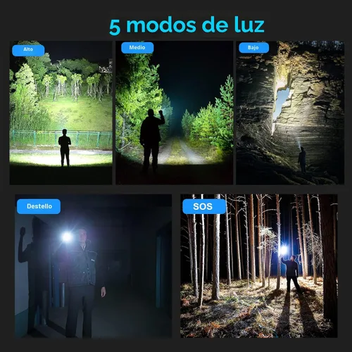 Vista 5 de Linternas recargables de 10000 lúmenes altos, linterna LED impermeable para emergencias, linterna de alta potencia con 5 modos, con zoom