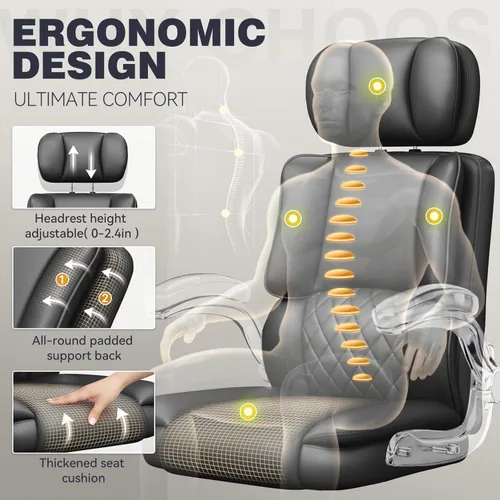Vista 3 de Silla ergonómica de oficina ejecutiva, silla de computadora con reposacabezas ajustable, silla de escritorio de piel sintética, silla giratoria