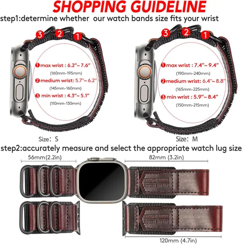 Vista 5 de Compatible with Apple Watch Band,Rugged Replacement Leather Nylon Strap With Three Buckle Loop Design For iWatch Ultra 3/2/1, Series