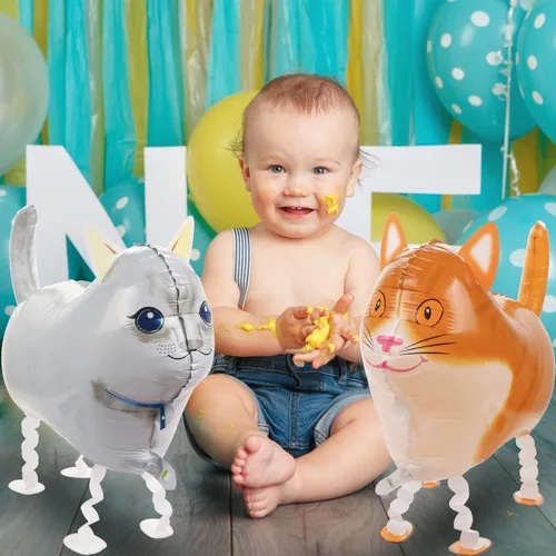 Vista 4 de 8 globos de gato que camina, globos de Mylar de gato con 2 cintas, globos largos de aluminio para decoración de fiesta de cumpleaños temática