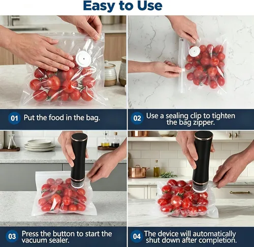 Vista 4 de Sellador al vacío compacto para alimentos con tanque visible, máquina selladora al vacío de mano, incluye 30 bolsas reutilizables, sella alimentos 6