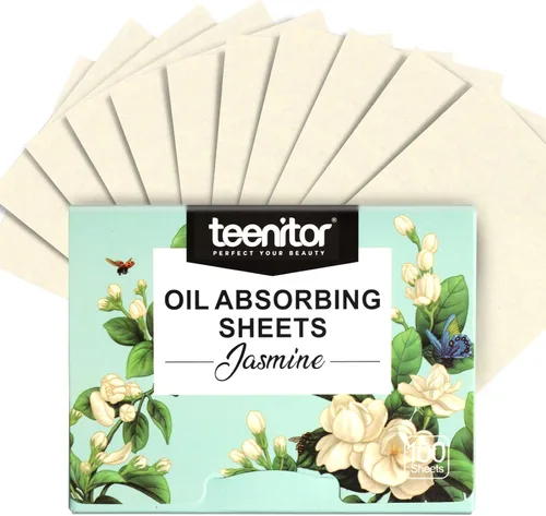 Teenitor Papel secante de aceite de jazmín para cara, 100 hojas, hojas absorbentes de película de control de aceite para piel grasa, hombres y