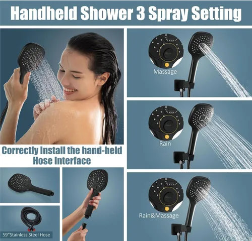 Vista 3 de Aolemi Sistema de ducha de montaje en techo de 16 pulgadas, cabezal de ducha de lluvia negro mate con 3 funciones, rociador de mano ABS para baño