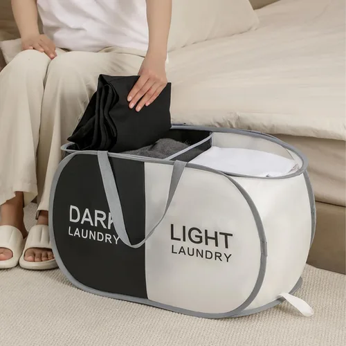 Vista 2 de Cesta plegable para la ropa sucia duradera con 2 compartimentos para clasificar y almacenar, cesta portátil para ropa sucia para dormitorio, cuarto