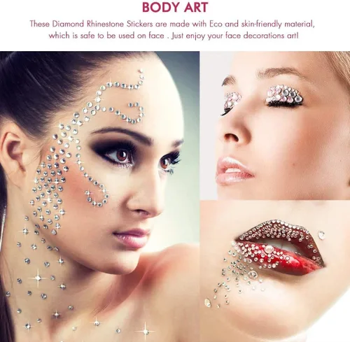 Vista 2 de Nicpro - Calcomanías de diamantes de imitación, 2475 unidades, gemas autoadhesivas para la cara en el cuerpo, joyas de cristal en 3 tamaños, 15