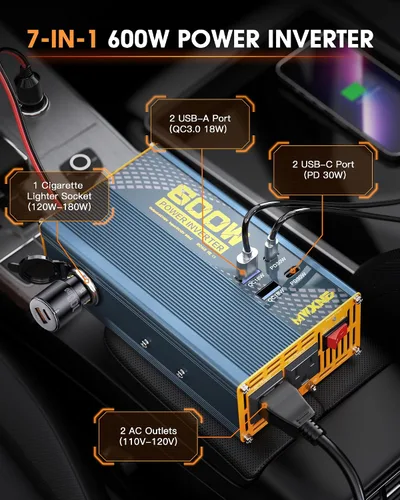 Vista 2 de Inversor de corriente para automóvil de 600 W, convertidor de 12 V CC a 110 V CA con 1 toma de encendedor de cigarrillos, USB C dual de 30 W