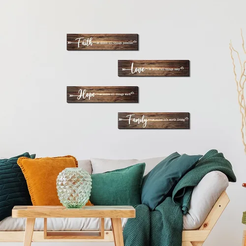 Vista 3 de Jetec 4 piezas de decoración rústica para puerta, letrero de madera con texto en inglés «Faith Love Hope», letrero colgante para el hogar, sala