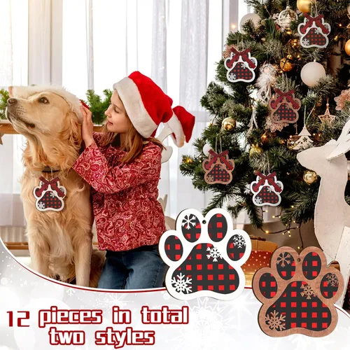 Vista 5 de Adornos navideños de madera con forma de pata de perro para árbol de Navidad, decoración colgante de huella de pata de perro con corbatines