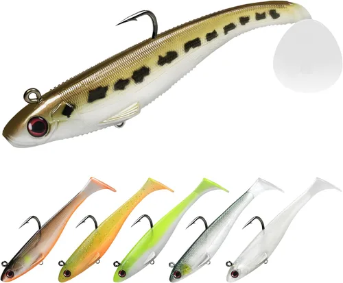 Vista 14 de TRUSCEND Shadtale Soft Fishing Lures with BKK Hooks – Easy Catch: Trembly Sinking and Vibrating Swim for More Bites, Paddle Tail Swimbait for Bass
