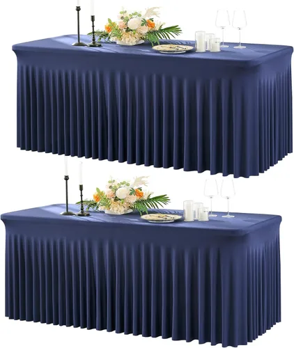 Vista 14 de Paquete de 2 manteles de elastano azul bebé para mesas rectangulares de 6 pies, manteles elásticos de 6 pies, falda de escritorio para fiestas