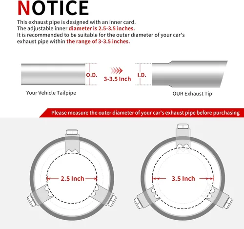 Vista 6 de Richeer Punta de escape de entrada ajustable de 3-3.5 pulgadas, salida de 5 pulgadas, 12 pulgadas de longitud total, punta de escape de acero