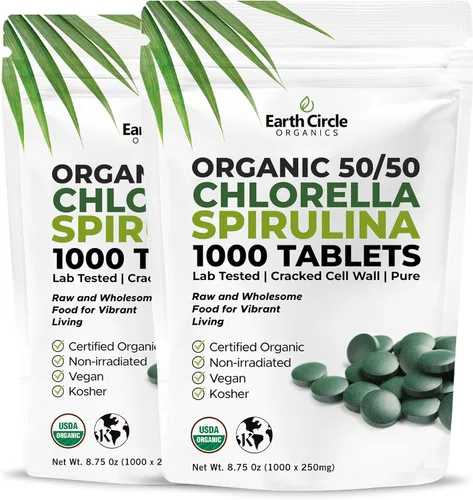 Tabletas orgánicas prémium de clorella y espirulina 1000 unidades (50/50), vegano, superalimento de algas verdes kosher | Pared celular agrietada