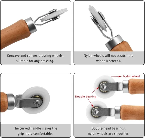 Vista 3 de BAYTORY Herramienta de Pantalla de 3 Piezas, Herramienta de Rodillo de Ranura de Pantalla de Ventana con Mango de Madera y Ruedas de Rodamiento