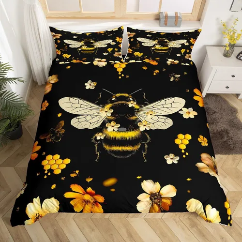 Vista 11 de Juego de ropa de cama de abeja amarilla para niñas y niños, funda de edredón con textura de madera de abeja tamaño Queen, funda de edredón de abeja
