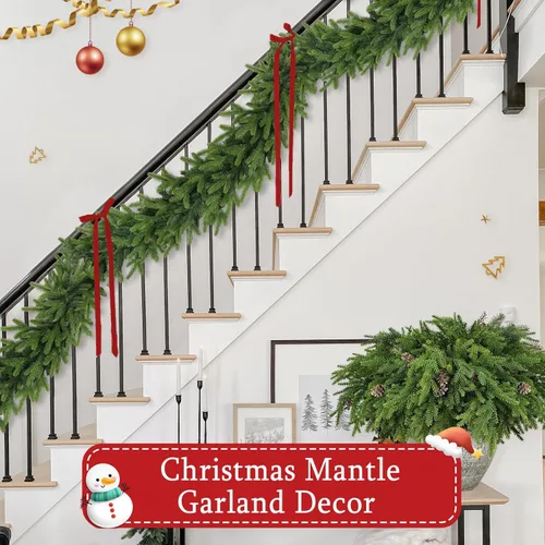 Vista 3 de Guirnalda de Navidad de 9 pies para barandilla de escalera, suave, flexible, realista, cedro artificial, pino, invierno, verde, guirnalda de Navidad