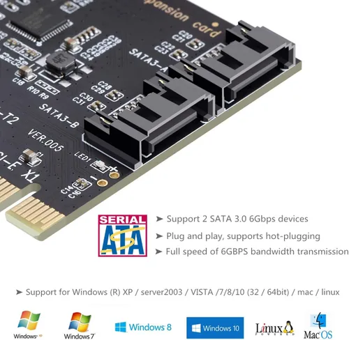 Vista 4 de Tarjeta controladora PCI Express 3.0 (2 puertos), convertidor PCIe a SATA III de 6 Gb/s, compatible con SSD y HDD, incluye soporte y 2 cables SATA