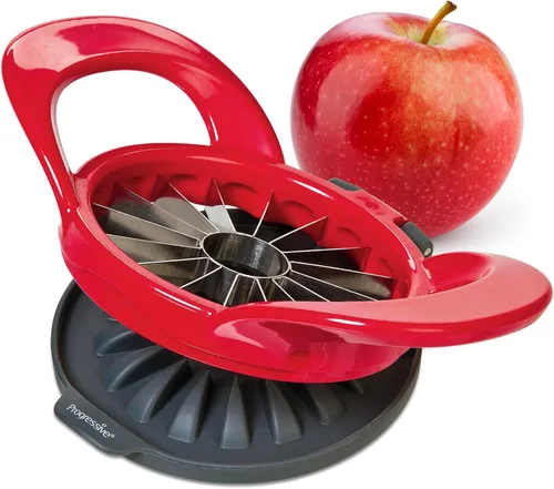 PrepWorks - Cortador y descorazonador de manzana apto para lavavajillas, cortador fino de manzana de 16 rebanadas con cubierta de seguridad Rojo