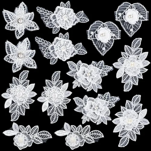 PAGOW 14 piezas de bordado de encaje de flores en 3D, para coser en secuencia de flores, parches de encaje con diamantes de imitación, apliques de