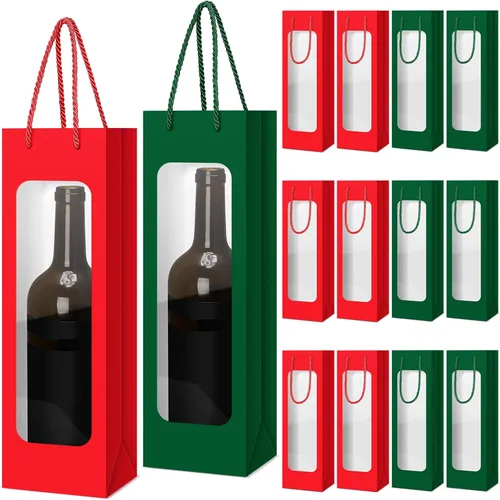 Vista 14 de Tioncy 24 bolsas de regalo de botella de vino individual de Navidad, bolsas de champán para bodas a granel con ventana transparente, cajas