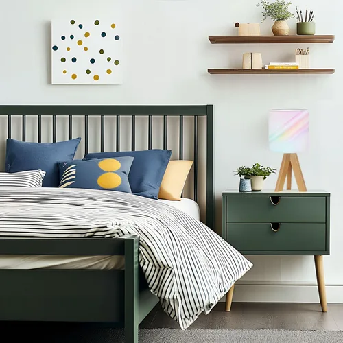 Vista 7 de Tripod Bedside Desk Table Lamp Minimal Fluid Gradient Blurred Wave Pastel Color Earth Tone Green Pink Wood Nightstand Lamp with Linen Fabric Shade