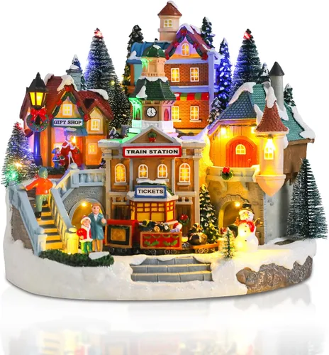 Casas de Pueblo Navideño de taman - Edificios Coleccionables Musicales con Tren en Movimiento, Luces Cálidas y Adornos para Decoraciones Navideñas