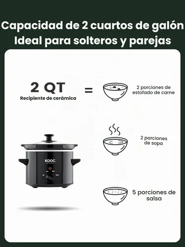 Vista 3 de KOOC Olla de Cocción Lenta Pequeña, 2 Cuartos, Forros Gratuitos Incluidos para Fácil Limpieza, Olla de Cerámica Mejorada, Temperatura Ajustable