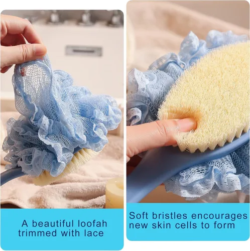 Vista 3 de [2nd Generation] Shower Body Brush with Bristles and Loofah,Back Scrubber Bath Mesh Sponge with Curved 16" Long Non-Slip Handle Skin Exfoliating