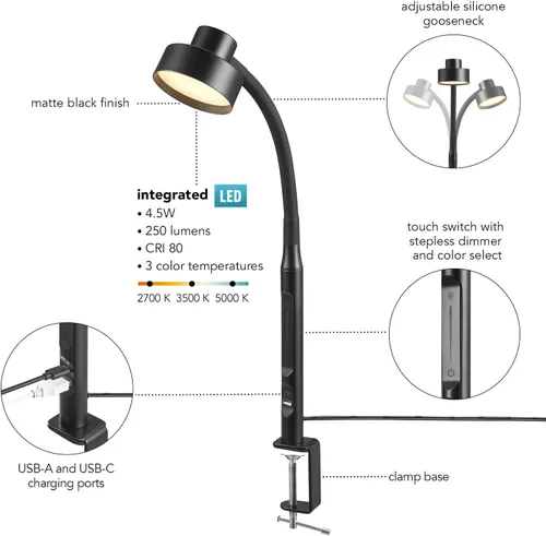 Vista 5 de Globe Electric 62000036 Lámpara de escritorio LED de 15" con abrazadera integrada, color negro mate, cuello de cisne de silicona ajustable