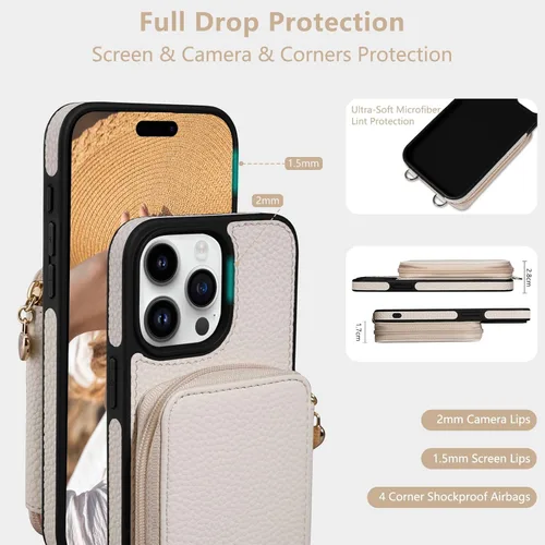 Vista 4 de Keallce Funda compatible con iPhone 15 Pro Max de 6.7 pulgadas, cremallera cruzada con ranuras para tarjetas de bloqueo RFID, soporte, cordón y Beige