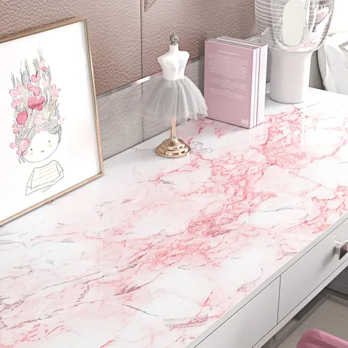 Vista 2 de Livelynine Papel adhesivo de mármol rosa impermeable para encimeras, papel tapiz de mármol adhesivo para dormitorio, cubierta de tocador, baño