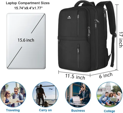 Vista 9 de MATEIN - Mochila de viaje para laptop, aprobada para vuelos, con compartimento para zapatos y puerto USB, equipaje resistente al agua, mochila