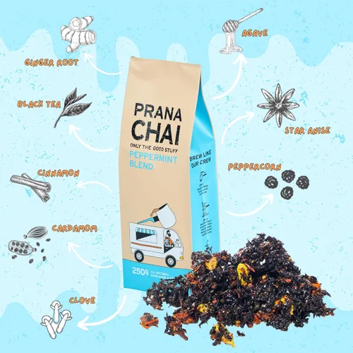 Vista 4 de Prana Chai Muestra de 3 sabores - Masala Original Chai, mezcla de cúrcuma, menta