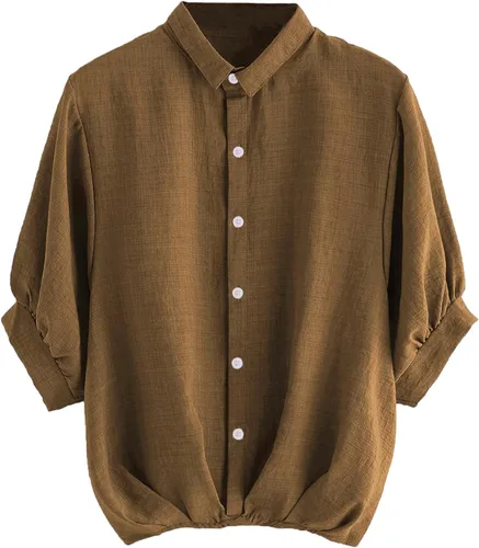 Milumia Blusa de trabajo con cuello de farol de manga corta para mujer, dobladillo plisado con botones