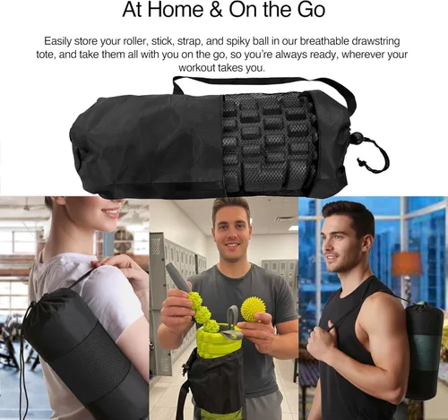 Vista 5 de 321 STRONG El juego de rodillos de espuma 5 en 1 incluye rodillo de masaje de núcleo hueco con tapas finales, barra de rodillo muscular, correa