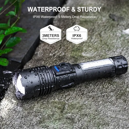 Vista 4 de Linterna LED recargable súper altos lúmenes, linterna impermeable de 7 modos, linterna brillante potente para acampar senderismo emergencia