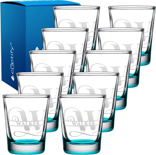 Vista 16 de Inicial y nombre de cristal de chupito personalizado, 2 onzas, parte inferior negra grabada con texto personalizado para regalos, bodas, cumpleaños