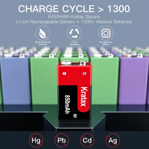 Vista 4 de Kratax Baterías recargables de 9 V, 2 baterías de litio recargables de 850 mAh de 9 voltios, 1000 ciclos de larga duración para alarmas de humo