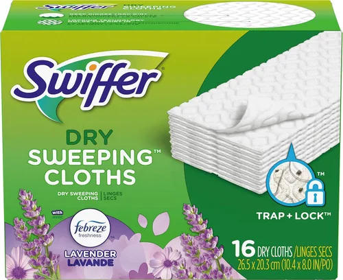 Swiffer Sweeper - Paños de barrido seco, repuestos de limpiador de piso de fregona y escoba, aroma a vainilla y lavanda Febreze, 16 unidades