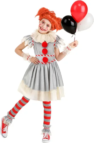 Vista 2 de Disfraz de payaso malvado para niña, vestido de payaso asesino con leggings, puños de muñeca y tobillos. Diseño clásico espeluznante, pequeño