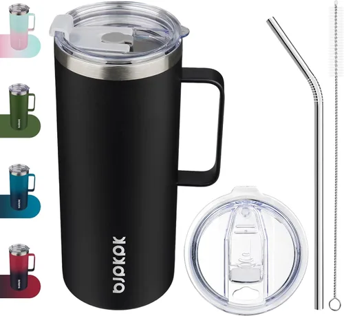 Vista 8 de BJPKPK Taza de café aislada con 2 tapas, vaso aislado de acero inoxidable de 25 onzas con asa, tazas de café de doble pared con aislamiento al