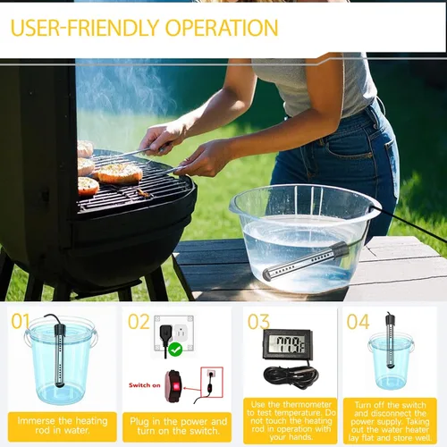 Vista 7 de Calentador de agua de inmersión de 2000 W, calentador de agua para acampar con termómetro LCD digital 304, cubo de protección de acero inoxidable